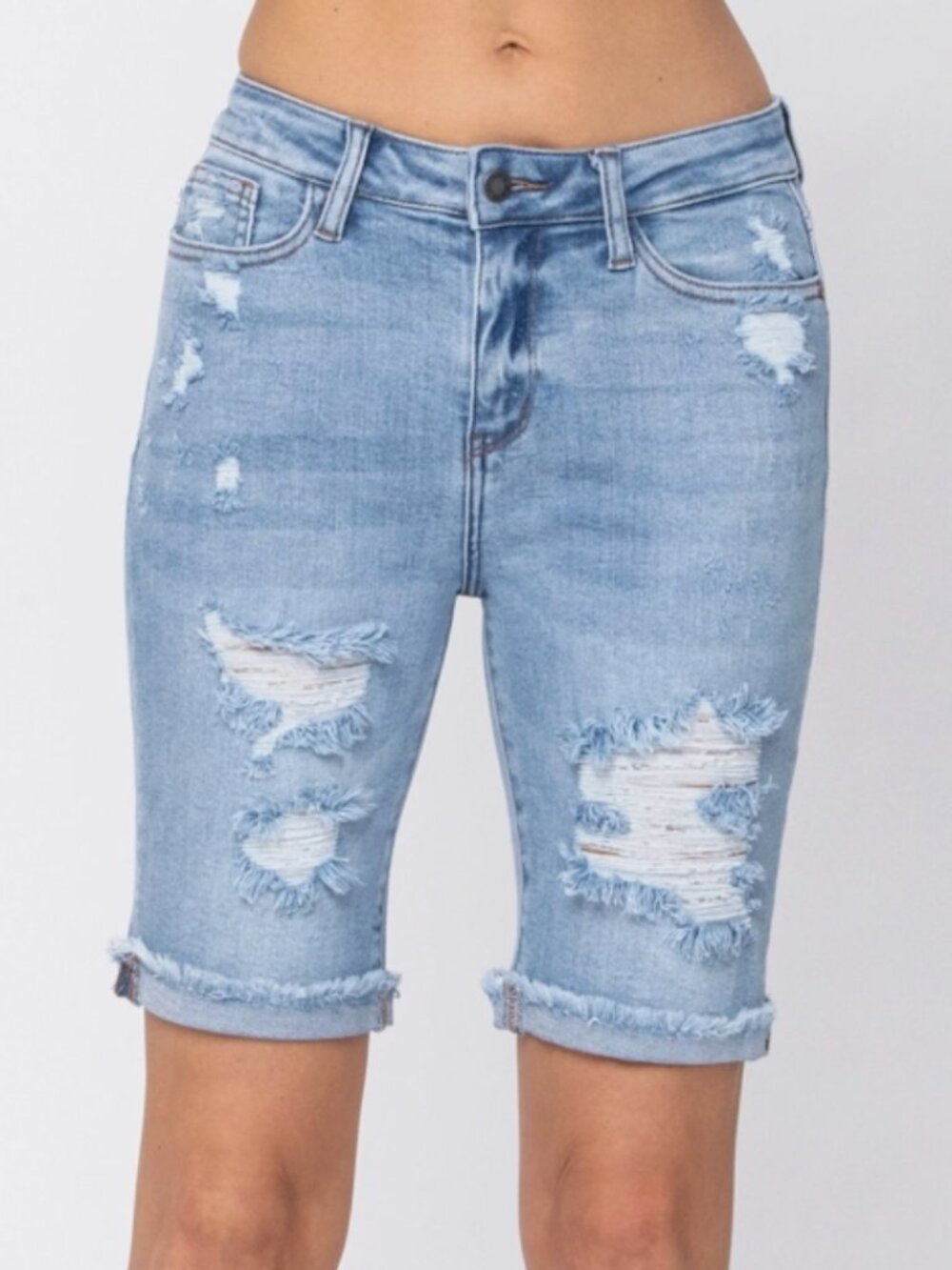 JUDY BLUE High-Rise Stretch Denim Bermuda Shorts Size XL Distressed 15 (32) NEW